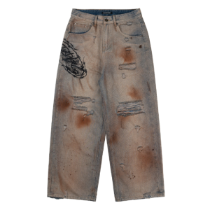 Home 2 DirtyCoins Stain Disstress Baggy Denim Pants Faded Blue